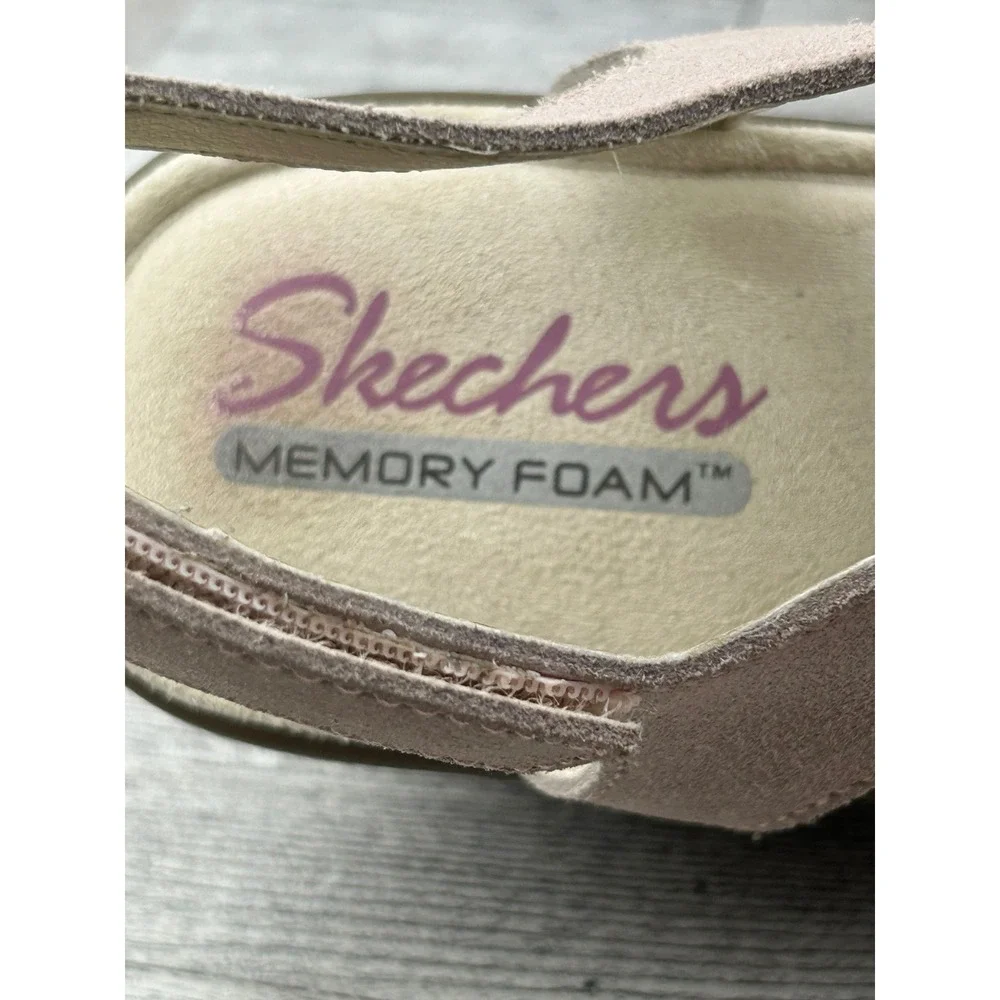 Skechers Rumblers Women Sz 9.5 Taupe Suede Memory Foam Wedge Slingback Sandals